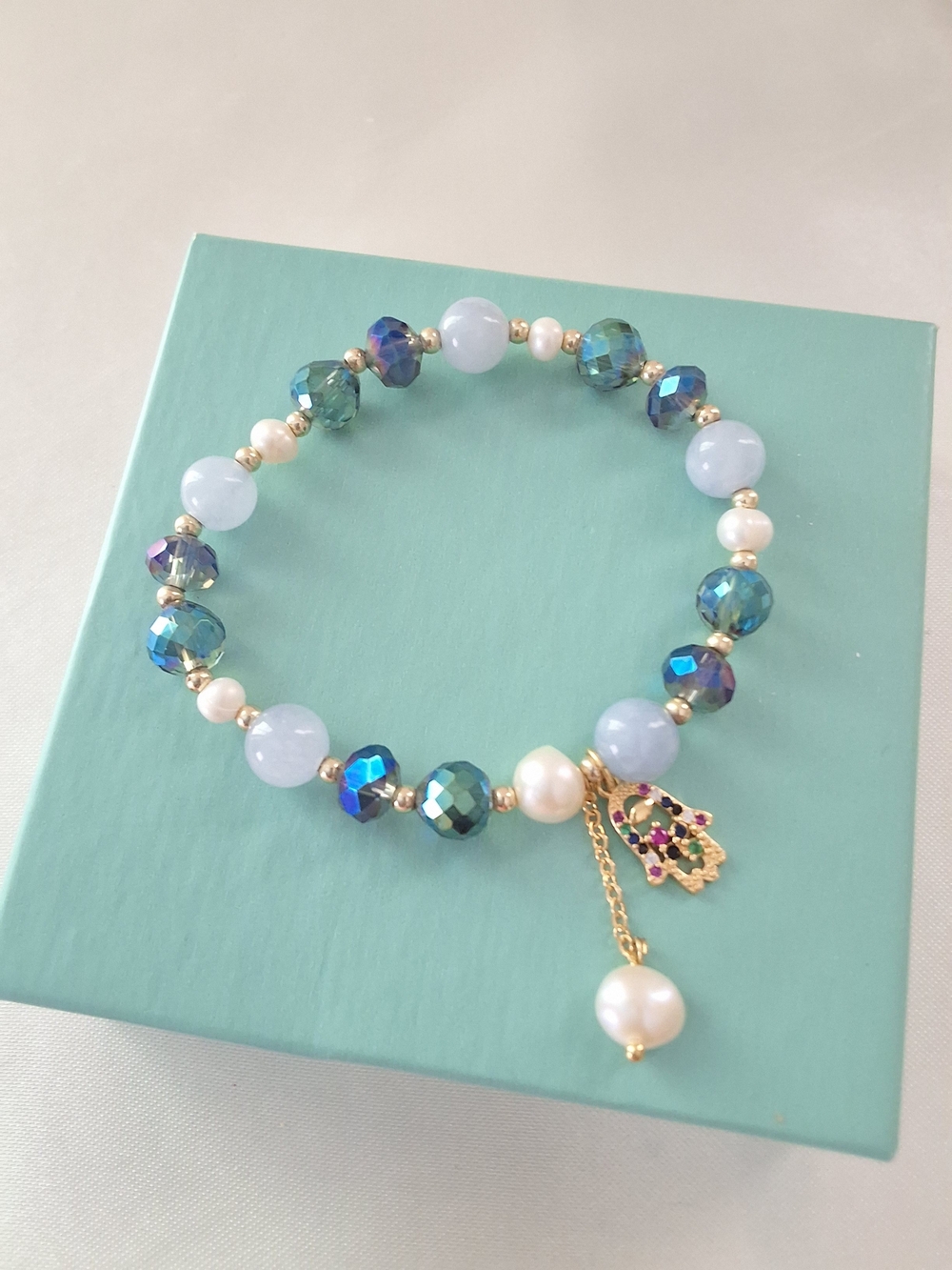 Blue Crystal and Pearl Hamsa Charm Bracelet